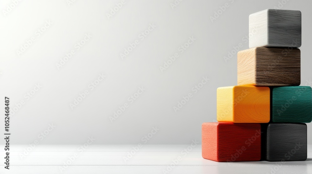 Poster a vibrant array of colorful wooden blocks neatly stacked in a geometric formation, portraying simpli