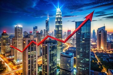 Obraz premium Rising Red Arrow Graph Over Glowing City Skyline Representing Growth and Progress in Business Metrics