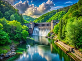 Fototapeta premium River Flowing Through a Dam in a Lush Green Forest - Hydroelectric Power Plant Scenic Photography