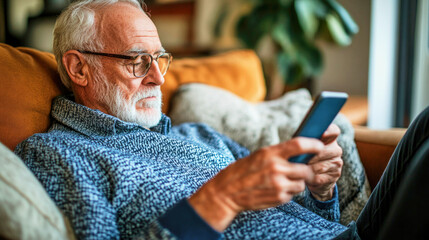Obraz premium Elderly man sits on a sofa engrossed in social media on his smartphone in a cozy living room