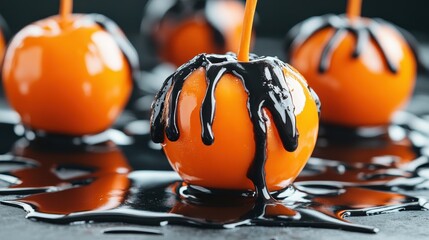 Vivid orange fruits coated with luxurious dark chocolate drips, neatly arranged on a slate surface, evoking a sense of indulgence and gourmet temptation.