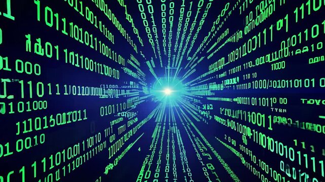 Binary code rain in a tunnel of glowing light