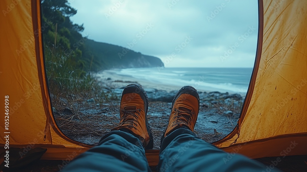 Poster the view from inside a camping tent reveals a person feet in sturdy boots, overlooking a calm beach 