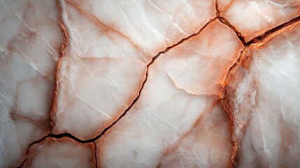 A close-up view of abstract marble texture with prominent orange highlights and intricate cracks. The earthy tones evoke a sense of elegance and warmth.