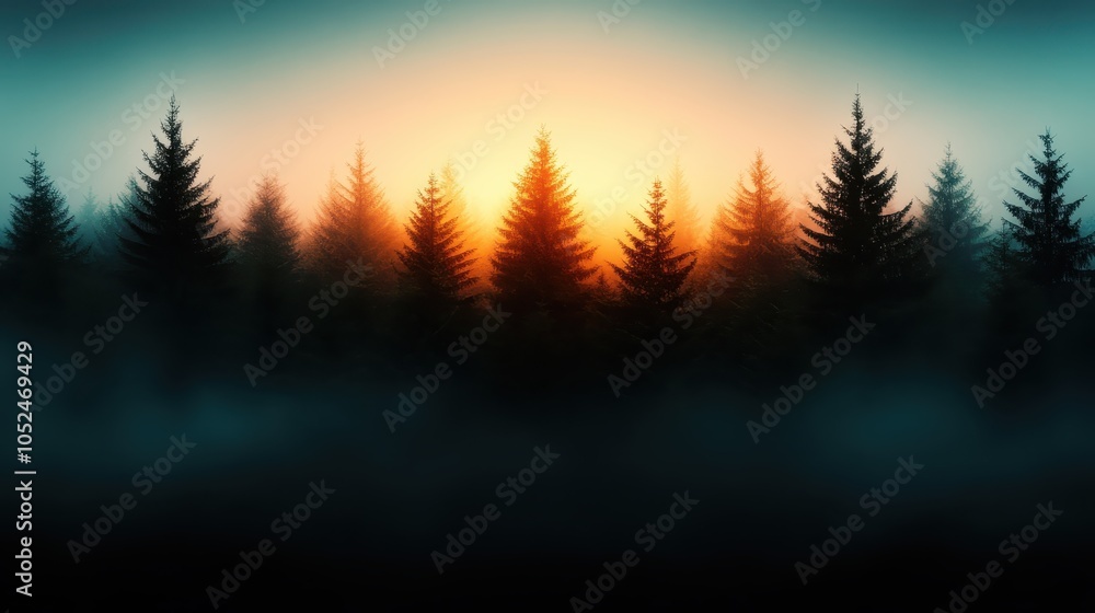 Poster a mesmerizing landscape image of a forest with the sun casting its light through the silhouetted tre