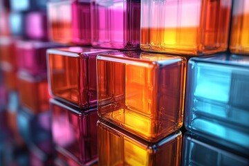 Colorful glass blocks stacked in a pattern, reflecting light and creating a vibrant geometric design.