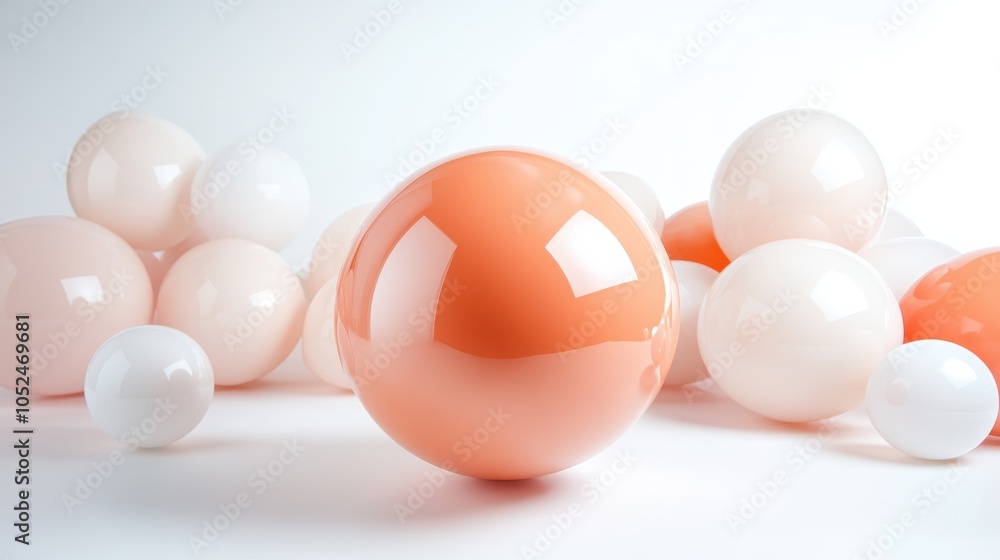 Poster an elegant, symmetrical arrangement of glossy, reflective spheres in varying soft tones captures a m