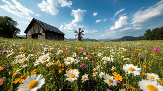 A rustic barn and windmill stand in a vibrant field of blooming wildflowers under a clear blue sky, epitomizing the serene and picturesque countryside scene.