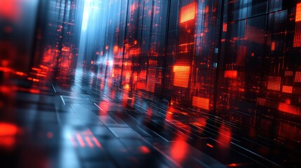 Fototapeta premium Abstract digital corridor with red lights and reflections
