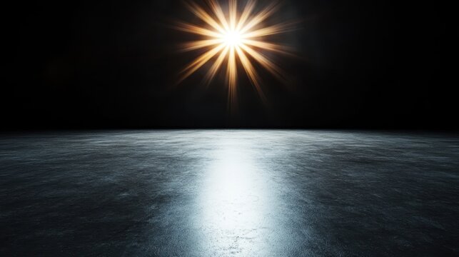 A bright spotlight shines on a smooth, reflective surface in the darkness, creating a focused, intense atmosphere with a striking, minimalist artistic aesthetic.