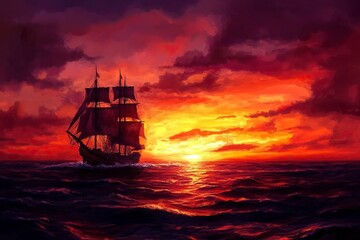 Fototapeta premium Beautiful ocean sunset , with colourful red and orange sky, dark sea and silhouette of ship on the horizon. .generative ai