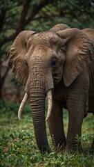 Obraz premium African elephant peacefully eating fresh leaves.