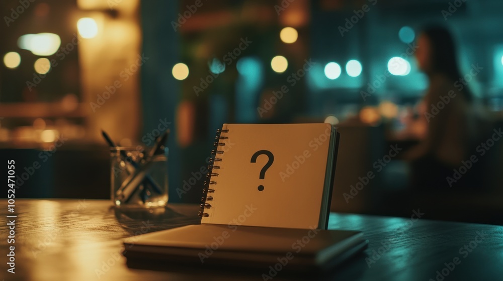 Poster a notebook with a question mark sits on a table, suggesting contemplation or brainstorming.