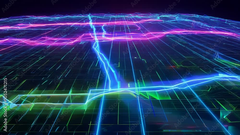 Poster flickering neon data grid extending into the horizon