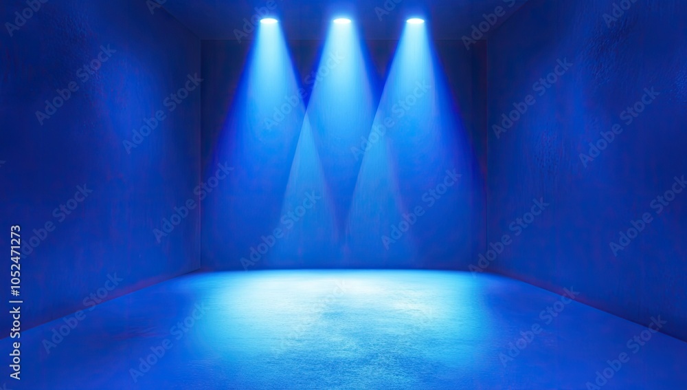 Poster abstract blue background with glowing lines for product presentation, empty space for text or produc