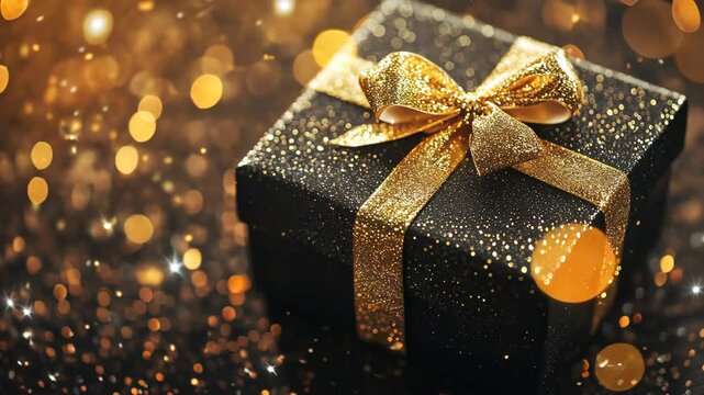 A black gift box with a gold bow sits on a sparkly surface