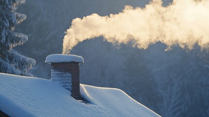 Wispy smoke billows from a snowy chimney in a serene winter landscape.