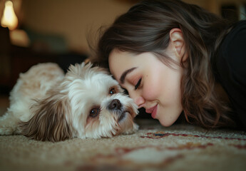 Portrait of a happy woman with her Shih Tzu dog at home, laying on the carpet and kissing each other in the living room. People concept. Copy space, high quality.