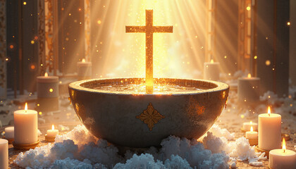 Baptismal font with cross and glowing candles in serene light for religious ceremonies