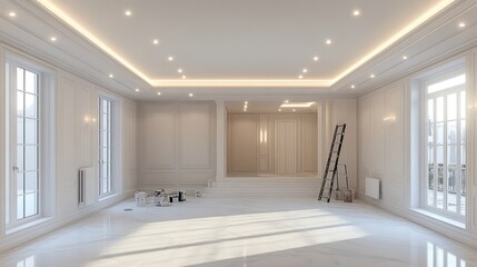 An empty room with white walls, large windows, a ladder, and a few paint cans.