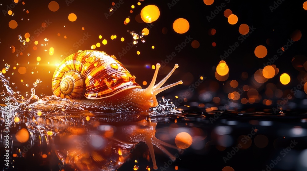 Poster snail moving gracefully in sparkling water with bokeh lights.