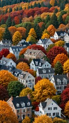 Obraz premium Autumn cityscape featuring colorful trees and quaint houses.