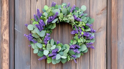 Eucalyptus and lavender wreath hanging on a rustic wooden door, adding charm and a hint of natural scent to home decor.