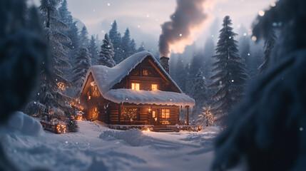 Fototapeta premium cozy winter cabin in snowy forest landscape with christmas lights