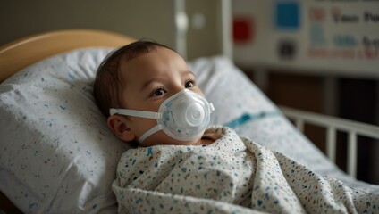 Baby wearing a breathing mask in a hospital bed