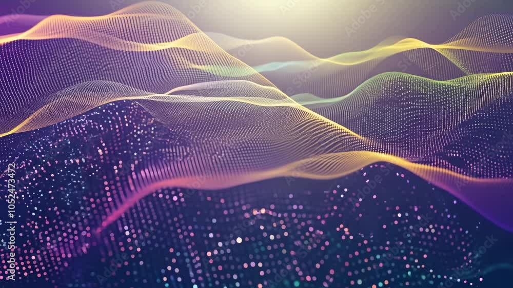 Poster glowing dots cascading in fluid waves