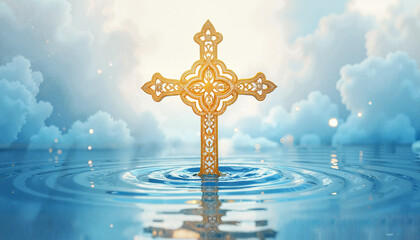 Ornate golden cross rising from rippling water surrounded by soft clouds for spiritual symbolism