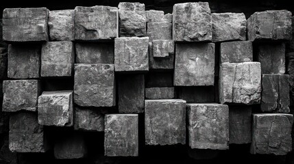 Black and white image of a wall of stacked stone blocks.