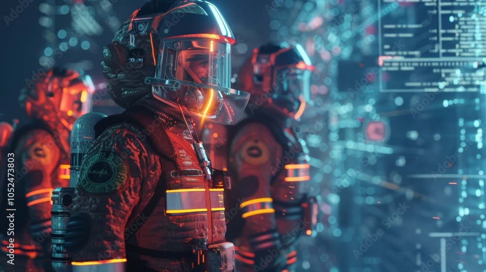 Poster group of astronauts wearing high tech suits and helmets exploring a new planet while analyzing data 
