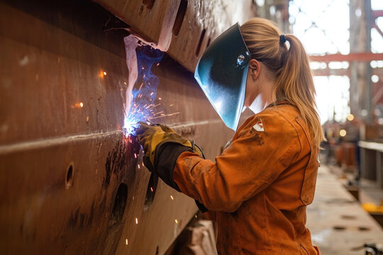 Female welder working on industrial shipbuilding project in protective gear