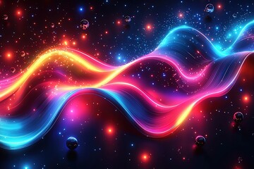 Fototapeta premium Vivid neon waves and abstract light trails in space with floating sphere elements
