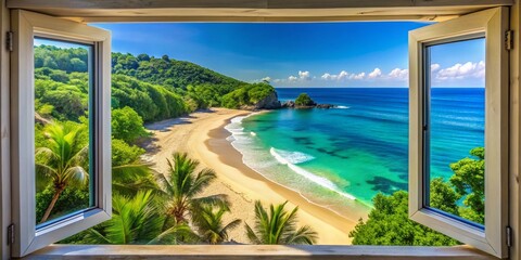 Serene Beach View from Open Window - Coastal Aerial Photography