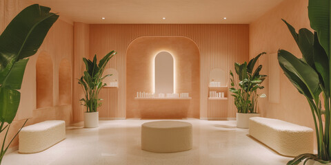 Elegant studio with muted peach and cream tones, vibrant green plants, and a smooth, minimalist product showcase in the center, designed for a fresh, contemporary look