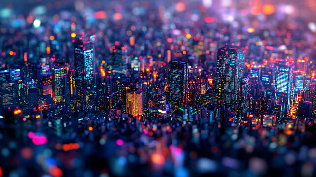 night cityscape skyline lights bokeh tokyo japan  tilt shift miniature effect  vibrant colors high angle view  city lights abstract background  architecture design