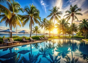 Serene Hotel Poolside Oasis Surrounded by Coconut Palm Trees for a Tropical Escape