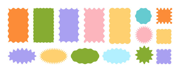 Set of zigzag and wavy edge stickers in rectangle, oval and circle shapes. Vector jagged geometric designs. Abstract elements perfect for frames, stamps, templates, promotional materials, web design