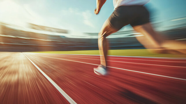 A runner is running on a track with a blurry background