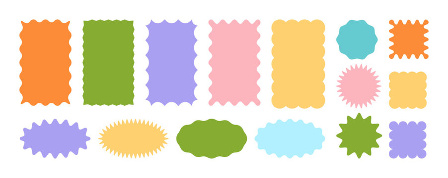 Set of zigzag and wavy edge stickers in rectangle, oval and circle shapes. Vector jagged geometric designs. Abstract elements perfect for frames, stamps, templates, promotional materials, web design