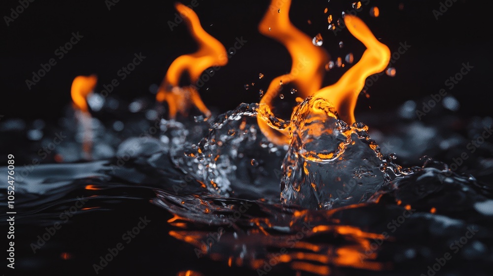 Poster a striking image of water splashing with flames, creating a dramatic contrast.