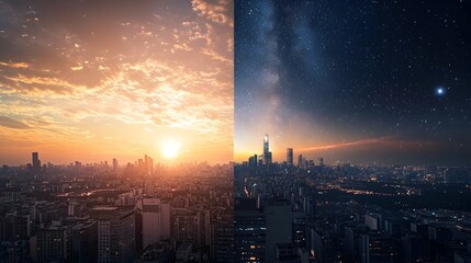 Split View of City Daylight and Night Skyscape