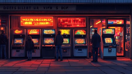 People standing in front of a row of arcade machines in a brightly lit storefront.