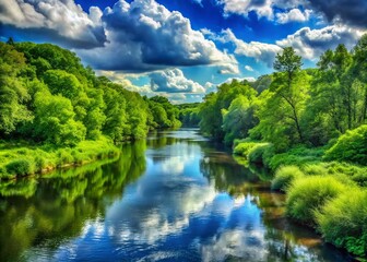 Fototapeta premium Serene River Flowing Through Lush Forest with Blue Sky and White Clouds - Nature Photography
