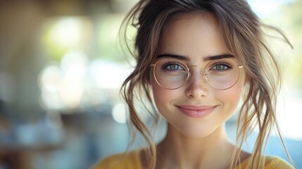 Obraz premium Young woman with glasses smiles warmly while engaging in a relaxed indoor setting during the daytime