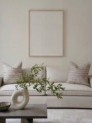 Neutral modern living room with light colors and blank frame for artwork mockup