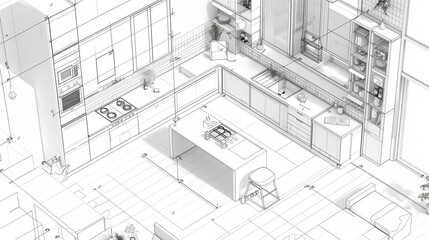 Modern Kitchen Architectural Drawing with Appliances and Furniture 