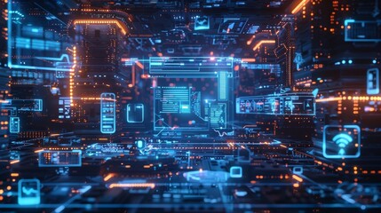 Complex holographic interface displaying data processing in a futuristic server room, highlighting future technology and innovation in computing